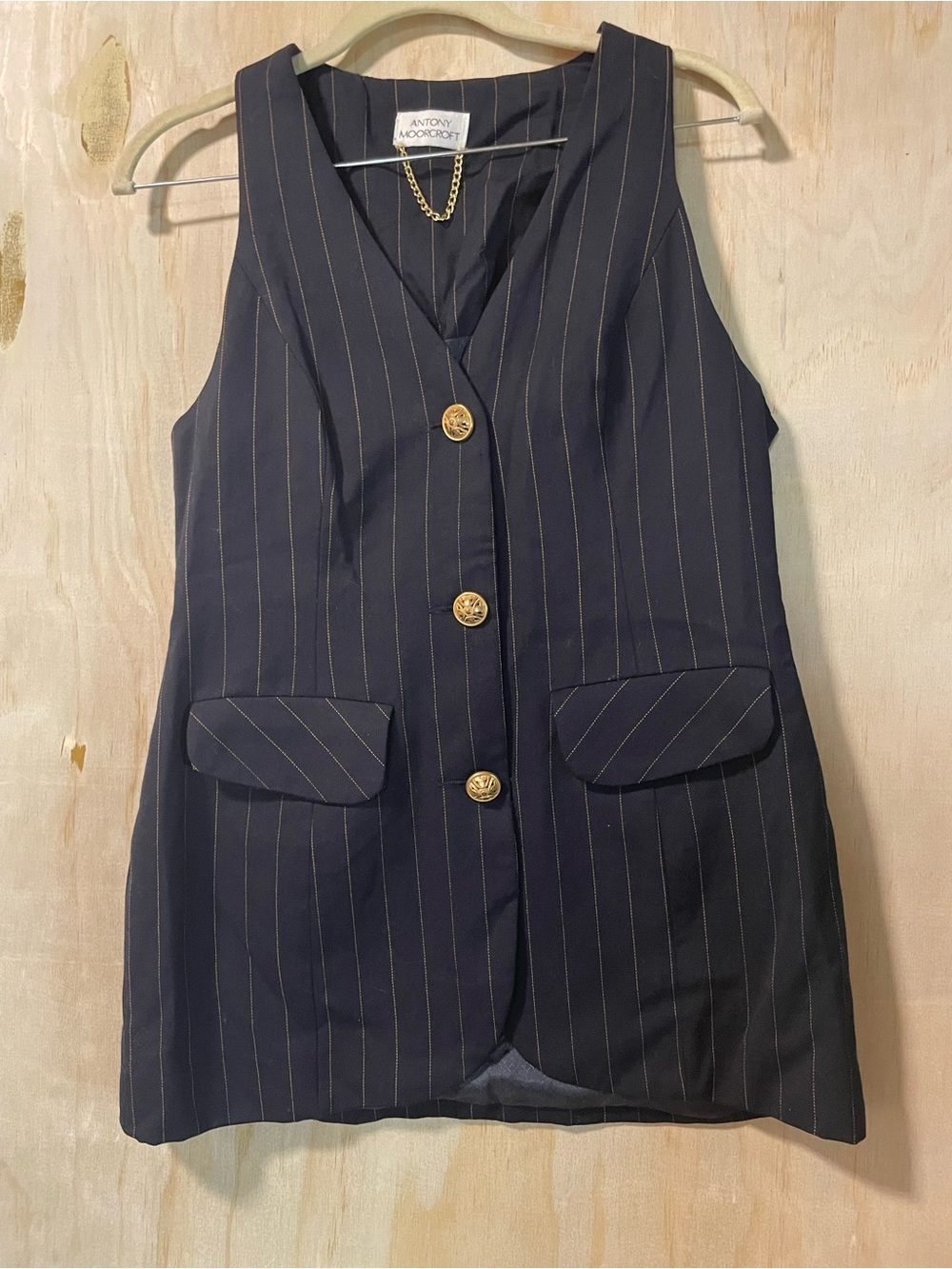 Antony Moorcroft 100% Wool Navy Pinstripe Vest with Gold Chain Detail
